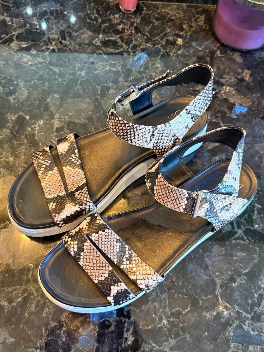 Franco Sarto Snake-Print Ankle-Strap Sandals - Black/Tan/Cream